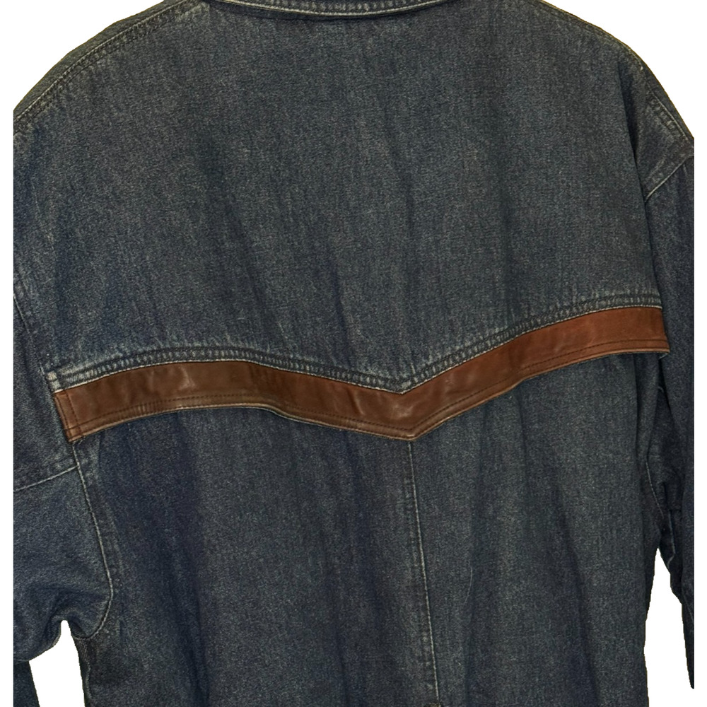 Vintage 70s 80s Quilted Lined Denim Long  Coat Leather Trim Sample Tag Rare - Picture 8 of 15